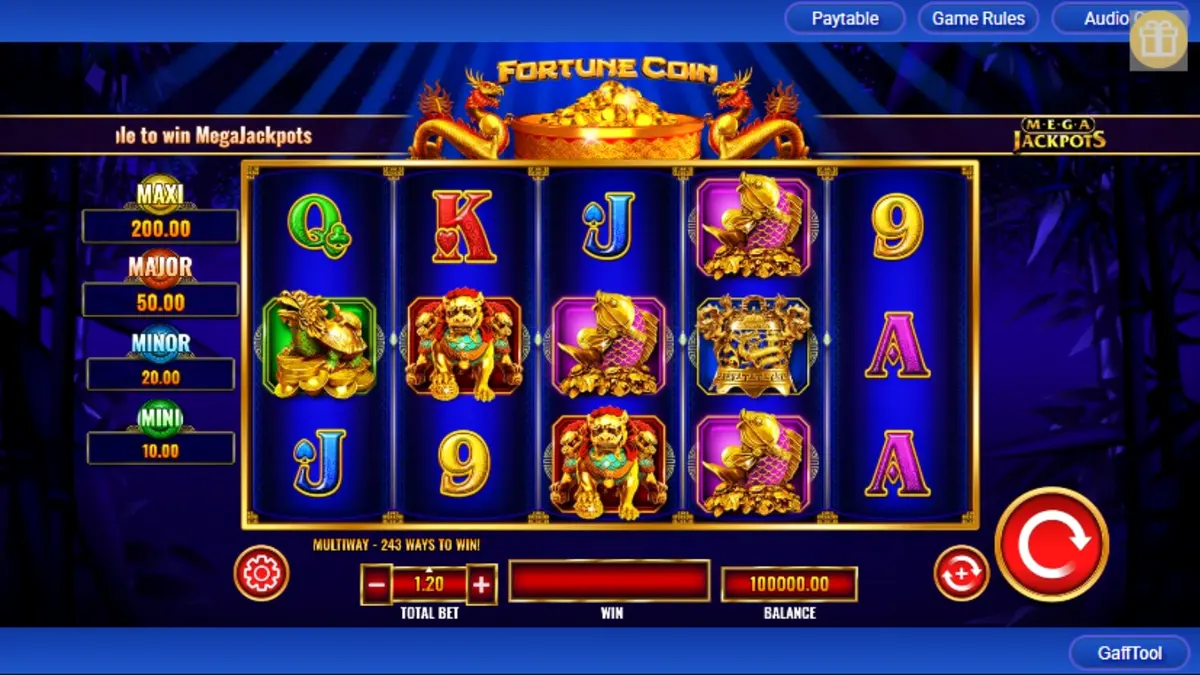 Tampilan visual slot Fortune Coin Mega Jackpot dengan simbol koin emas dan latar belakang istana Asia yang mewah.