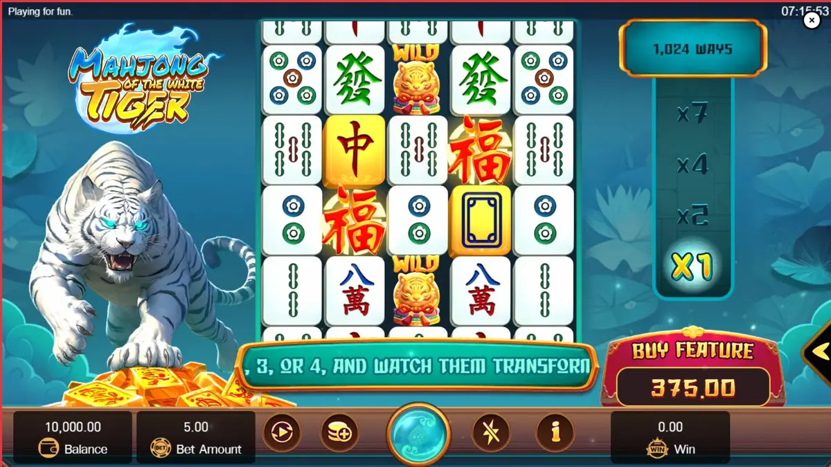 Mahjong of the White Tiger slot machine interface with golden symbols and tiger theme